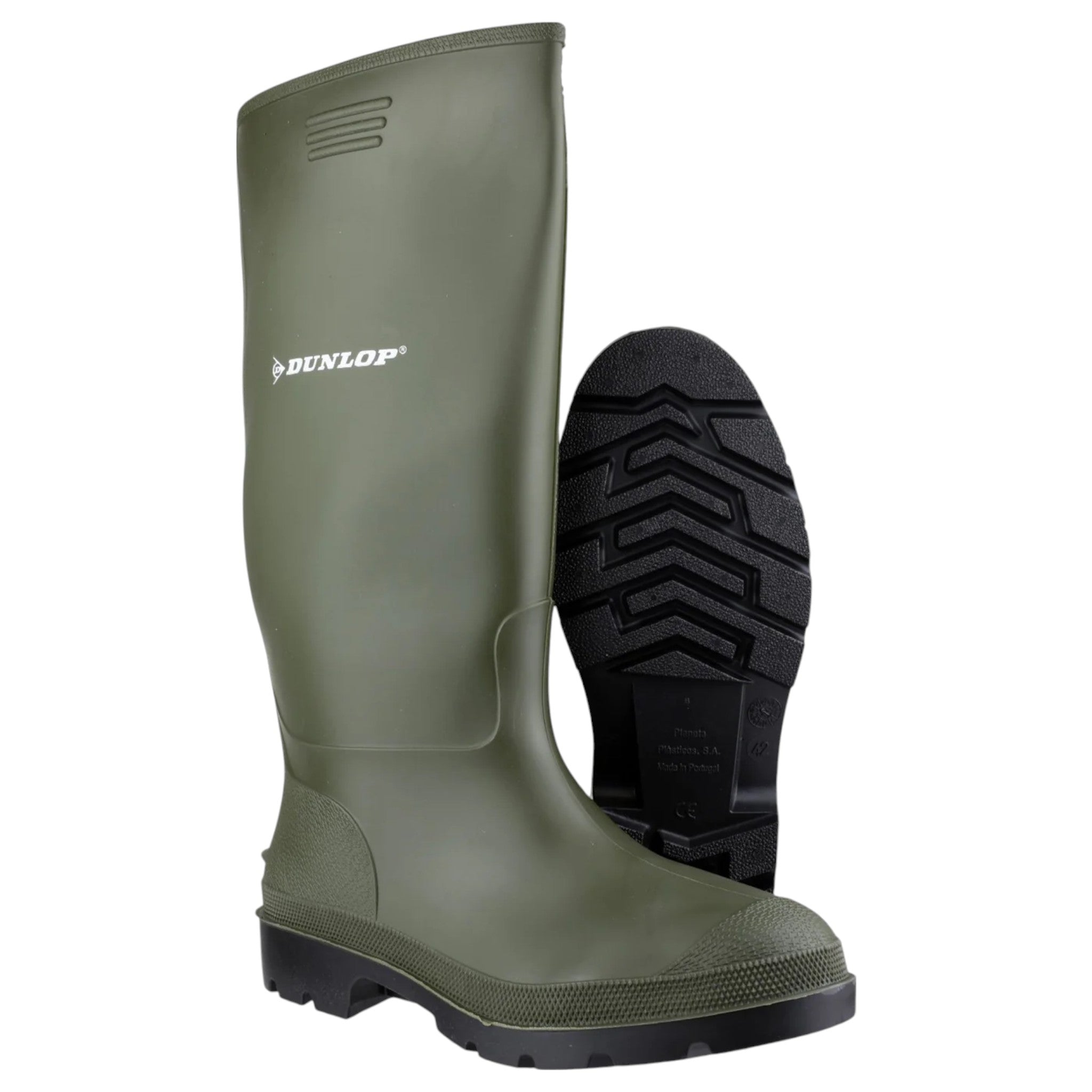 Men's Dunlop green waterproof wellington boots with anti-slip sole – durable outdoor footwear for farm, garden, or work